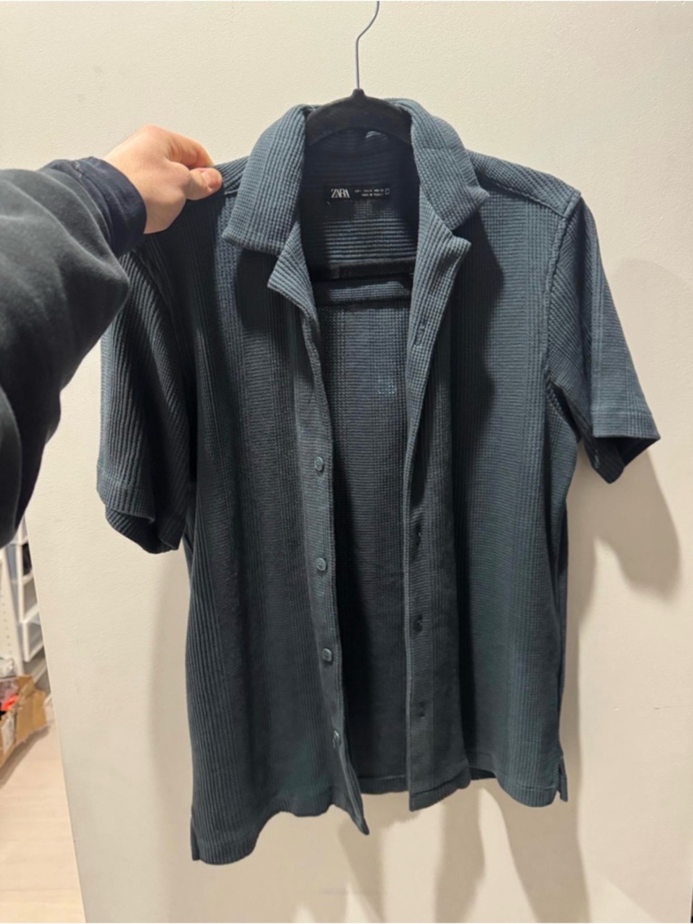 ZARA Dark Teal Ribbed Short Sleeve Button-Up Shirt Size S